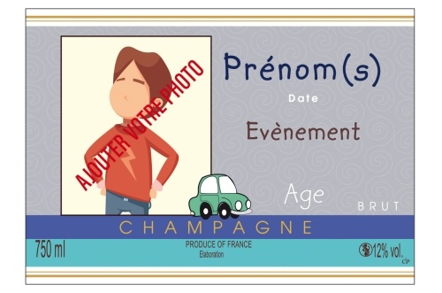 Étiquette grise et bleue adhésive avec deux liserés d'or à chaud pour fêter la naissance d'une garçon