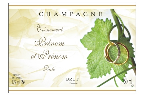 Étiquette adhésive avec deux liserés d'or à chaud avec un décor de feuille de vigne et alliances pour fêter un mariage