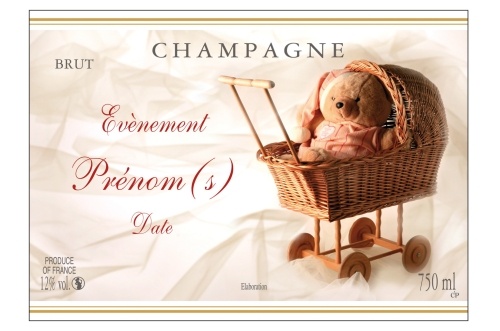 Étiquette adhésive avec deux liserés d'or à chaud, crème avec un nounours dans une poussette pour annoncer une naissance