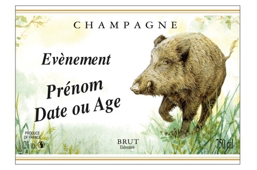 Étiquette de Champagne adhésive avec deux liserés d'or à chaud avec un dessin d'un sanglier