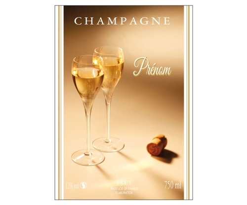 Étiquette de Champagne adhésive avec deux liserés d'or à chaud aux couleurs dorées avec un décor de flûtes