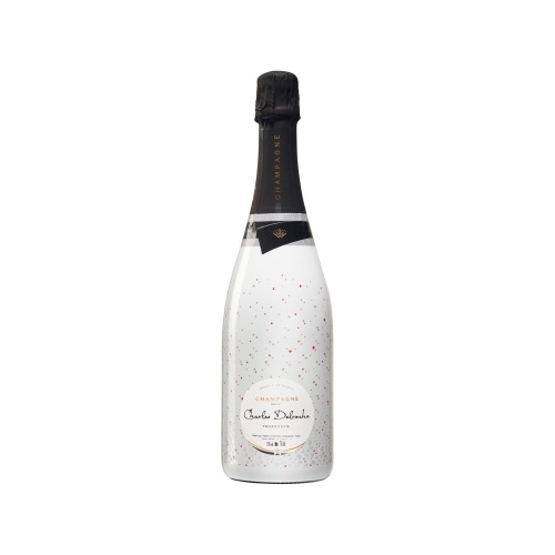 Sleeve blanc avec des petits symboles sur une bouteille de Champagne